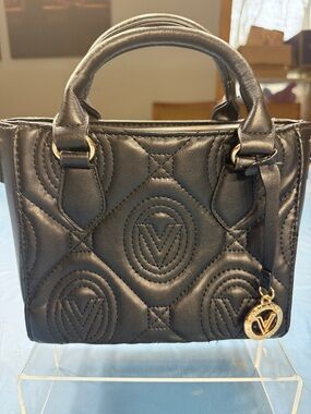 Valentino Orlandi Mini Quilted Top-Handle Satchel in Black with Gold Charm